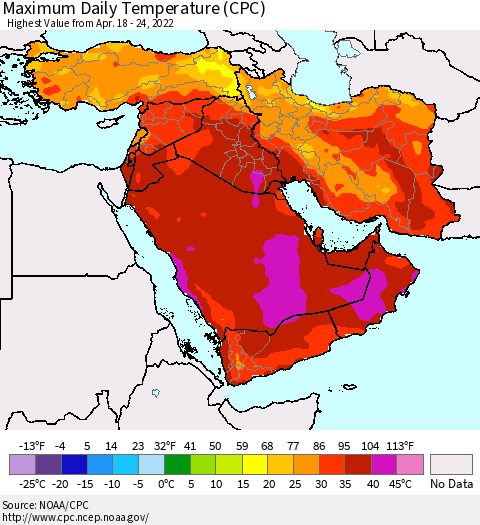 Middle East and Turkey Maximum Daily Temperature (CPC) Thematic Map For 4/18/2022 - 4/24/2022