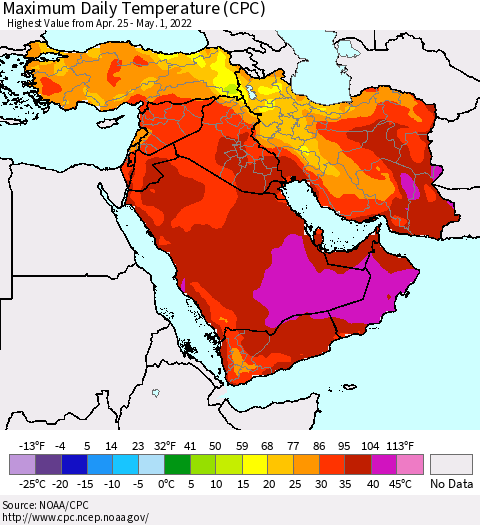 Middle East and Turkey Maximum Daily Temperature (CPC) Thematic Map For 4/25/2022 - 5/1/2022