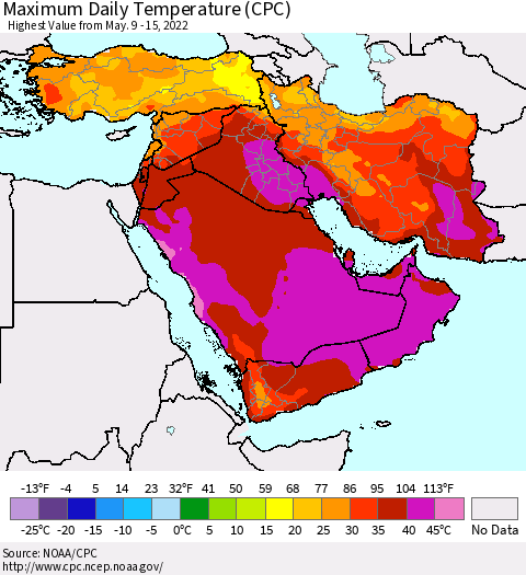 Middle East and Turkey Maximum Daily Temperature (CPC) Thematic Map For 5/9/2022 - 5/15/2022
