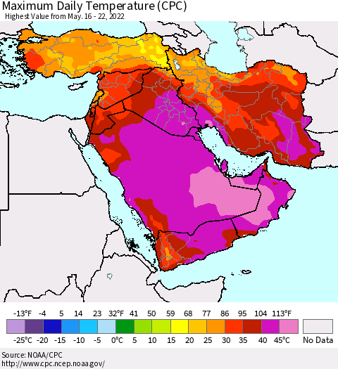 Middle East and Turkey Maximum Daily Temperature (CPC) Thematic Map For 5/16/2022 - 5/22/2022