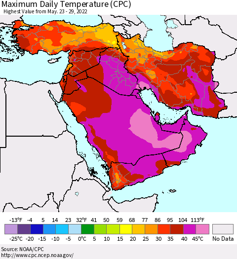 Middle East and Turkey Maximum Daily Temperature (CPC) Thematic Map For 5/23/2022 - 5/29/2022