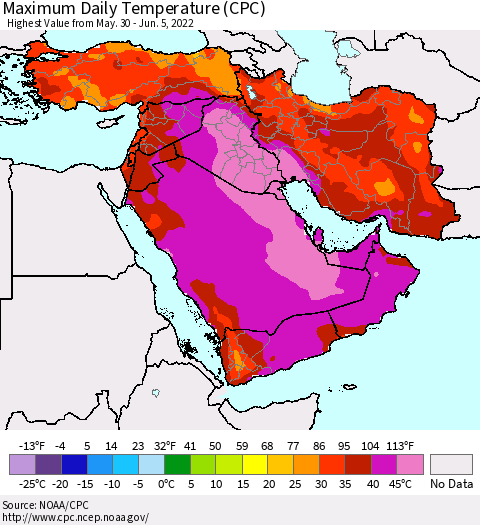 Middle East and Turkey Maximum Daily Temperature (CPC) Thematic Map For 5/30/2022 - 6/5/2022