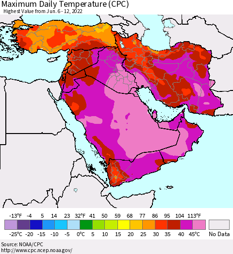 Middle East and Turkey Maximum Daily Temperature (CPC) Thematic Map For 6/6/2022 - 6/12/2022