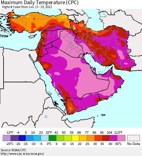 Middle East and Turkey Maximum Daily Temperature (CPC) Thematic Map For 6/13/2022 - 6/19/2022