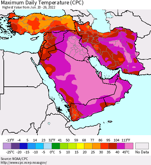 Middle East and Turkey Maximum Daily Temperature (CPC) Thematic Map For 6/20/2022 - 6/26/2022