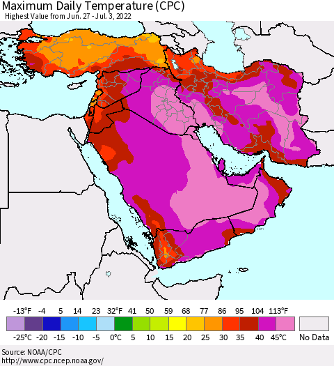 Middle East and Turkey Maximum Daily Temperature (CPC) Thematic Map For 6/27/2022 - 7/3/2022
