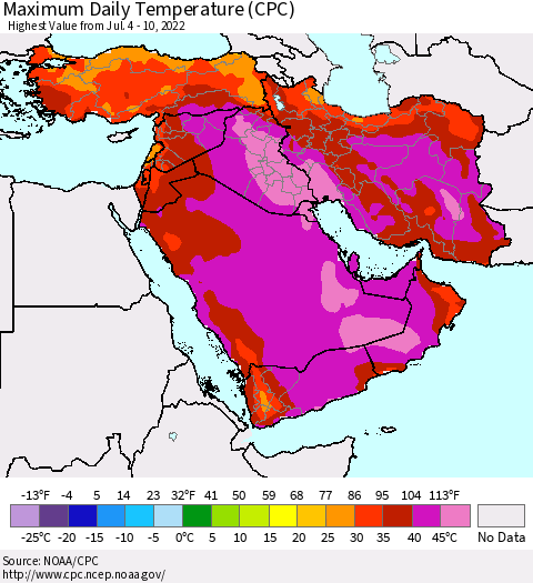Middle East and Turkey Maximum Daily Temperature (CPC) Thematic Map For 7/4/2022 - 7/10/2022