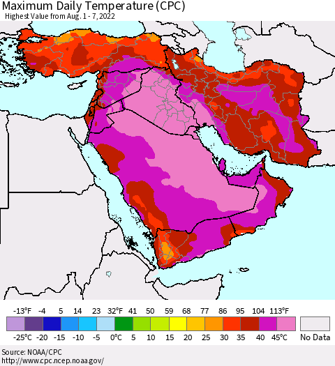 Middle East and Turkey Maximum Daily Temperature (CPC) Thematic Map For 8/1/2022 - 8/7/2022