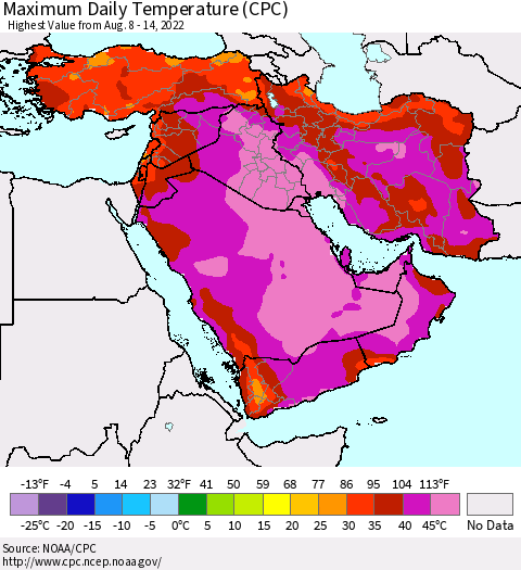 Middle East and Turkey Maximum Daily Temperature (CPC) Thematic Map For 8/8/2022 - 8/14/2022