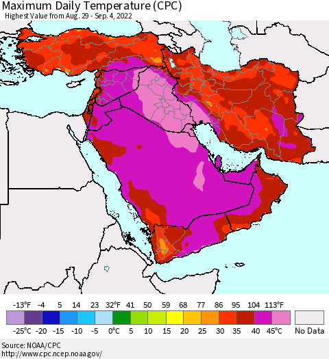 Middle East and Turkey Maximum Daily Temperature (CPC) Thematic Map For 8/29/2022 - 9/4/2022