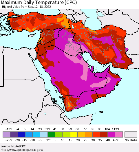 Middle East and Turkey Maximum Daily Temperature (CPC) Thematic Map For 9/12/2022 - 9/18/2022