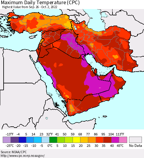 Middle East and Turkey Maximum Daily Temperature (CPC) Thematic Map For 9/26/2022 - 10/2/2022