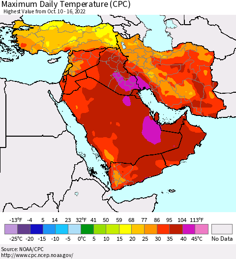 Middle East and Turkey Maximum Daily Temperature (CPC) Thematic Map For 10/10/2022 - 10/16/2022