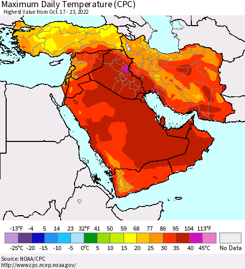 Middle East and Turkey Maximum Daily Temperature (CPC) Thematic Map For 10/17/2022 - 10/23/2022