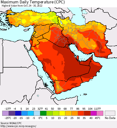 Middle East and Turkey Maximum Daily Temperature (CPC) Thematic Map For 10/24/2022 - 10/30/2022