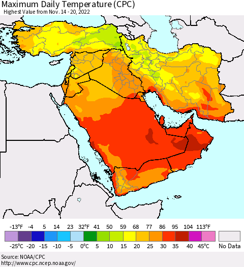 Middle East and Turkey Maximum Daily Temperature (CPC) Thematic Map For 11/14/2022 - 11/20/2022