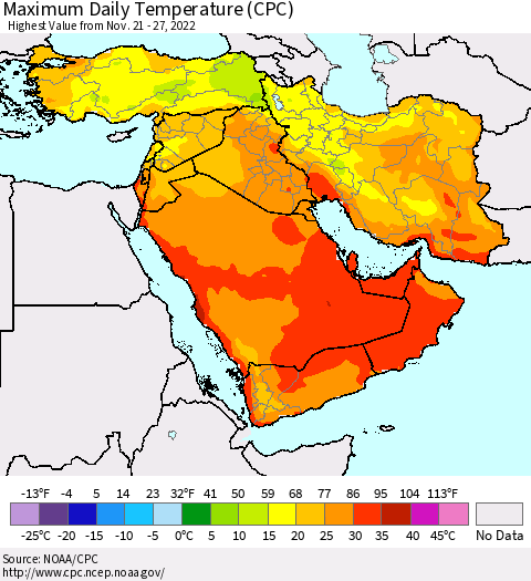 Middle East and Turkey Maximum Daily Temperature (CPC) Thematic Map For 11/21/2022 - 11/27/2022