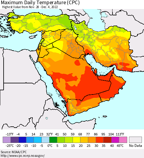 Middle East and Turkey Maximum Daily Temperature (CPC) Thematic Map For 11/28/2022 - 12/4/2022