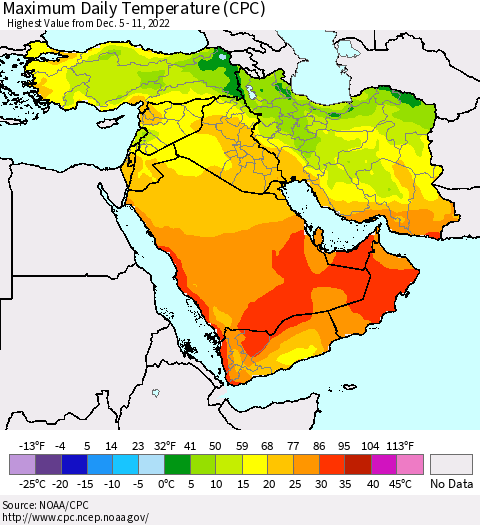 Middle East and Turkey Maximum Daily Temperature (CPC) Thematic Map For 12/5/2022 - 12/11/2022