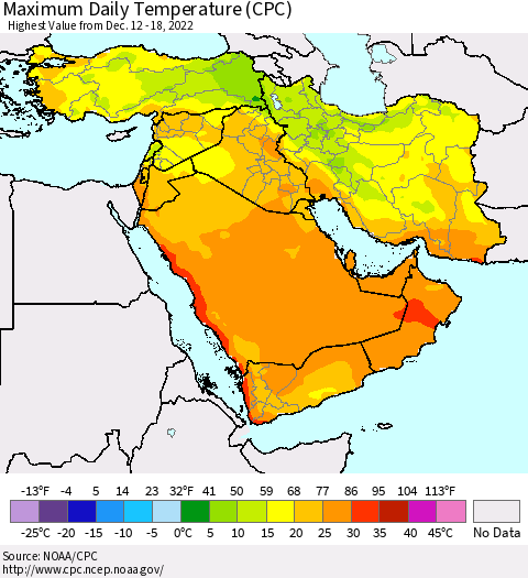 Middle East and Turkey Maximum Daily Temperature (CPC) Thematic Map For 12/12/2022 - 12/18/2022