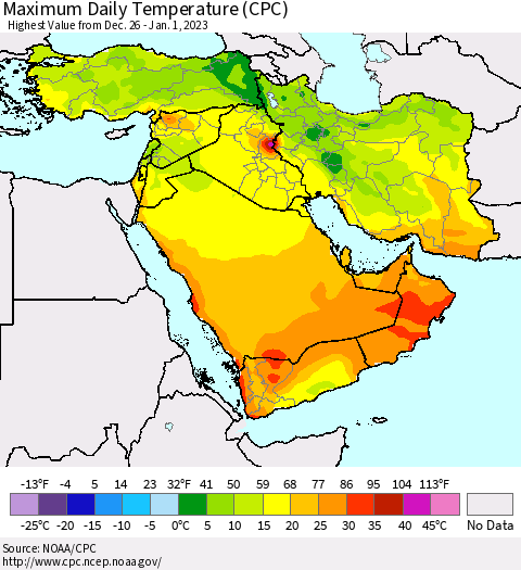 Middle East and Turkey Maximum Daily Temperature (CPC) Thematic Map For 12/26/2022 - 1/1/2023
