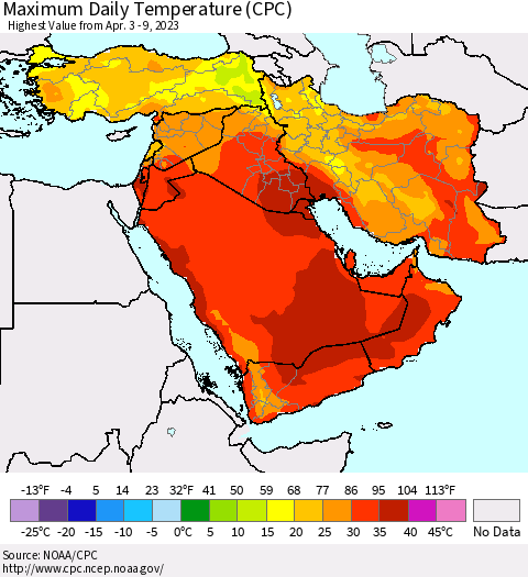 Middle East and Turkey Maximum Daily Temperature (CPC) Thematic Map For 4/3/2023 - 4/9/2023