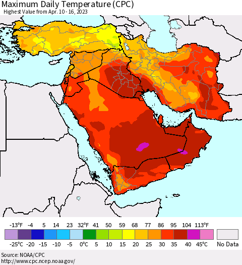 Middle East and Turkey Maximum Daily Temperature (CPC) Thematic Map For 4/10/2023 - 4/16/2023