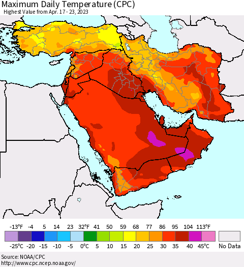 Middle East and Turkey Maximum Daily Temperature (CPC) Thematic Map For 4/17/2023 - 4/23/2023