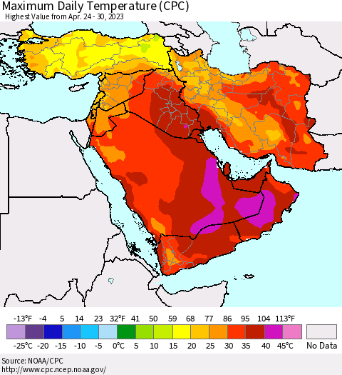Middle East and Turkey Maximum Daily Temperature (CPC) Thematic Map For 4/24/2023 - 4/30/2023