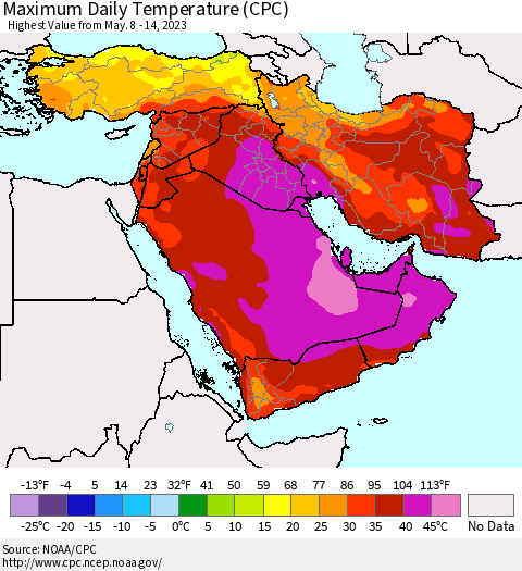 Middle East and Turkey Maximum Daily Temperature (CPC) Thematic Map For 5/8/2023 - 5/14/2023