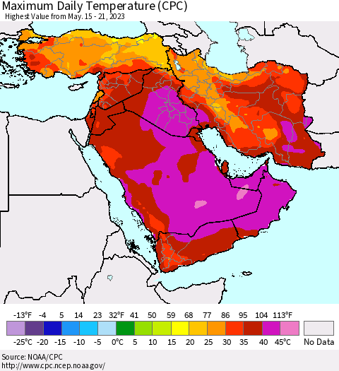 Middle East and Turkey Maximum Daily Temperature (CPC) Thematic Map For 5/15/2023 - 5/21/2023