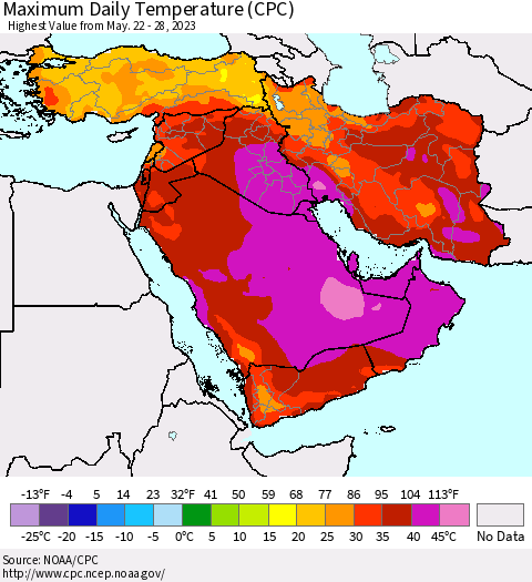 Middle East and Turkey Maximum Daily Temperature (CPC) Thematic Map For 5/22/2023 - 5/28/2023