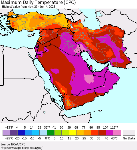 Middle East and Turkey Maximum Daily Temperature (CPC) Thematic Map For 5/29/2023 - 6/4/2023