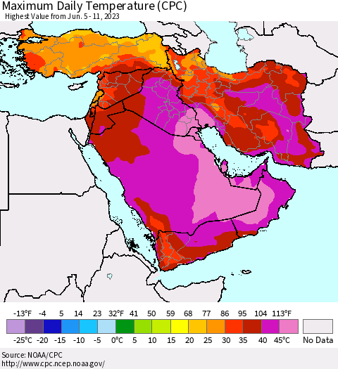 Middle East and Turkey Maximum Daily Temperature (CPC) Thematic Map For 6/5/2023 - 6/11/2023