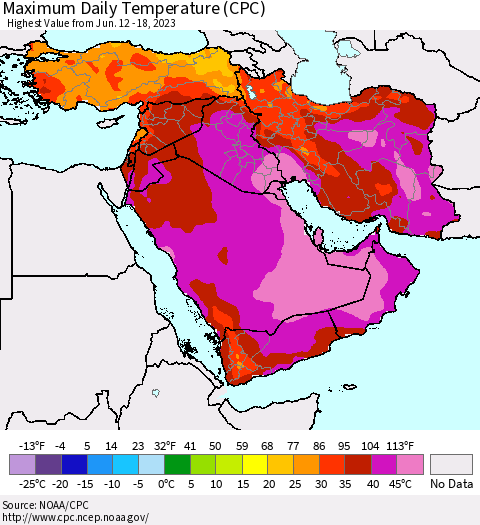 Middle East and Turkey Maximum Daily Temperature (CPC) Thematic Map For 6/12/2023 - 6/18/2023