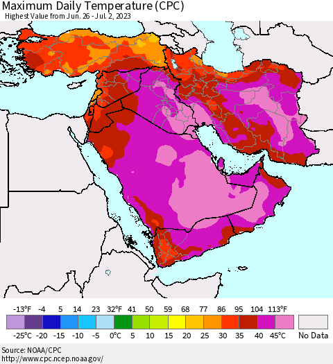 Middle East and Turkey Maximum Daily Temperature (CPC) Thematic Map For 6/26/2023 - 7/2/2023
