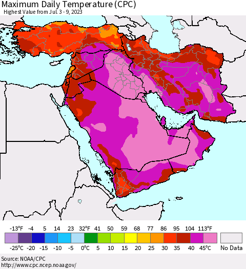 Middle East and Turkey Maximum Daily Temperature (CPC) Thematic Map For 7/3/2023 - 7/9/2023