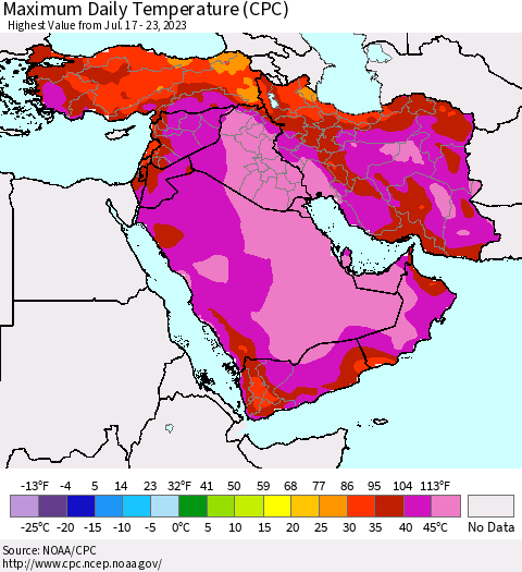 Middle East and Turkey Maximum Daily Temperature (CPC) Thematic Map For 7/17/2023 - 7/23/2023