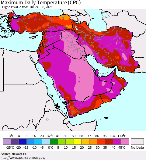 Middle East and Turkey Maximum Daily Temperature (CPC) Thematic Map For 7/24/2023 - 7/30/2023