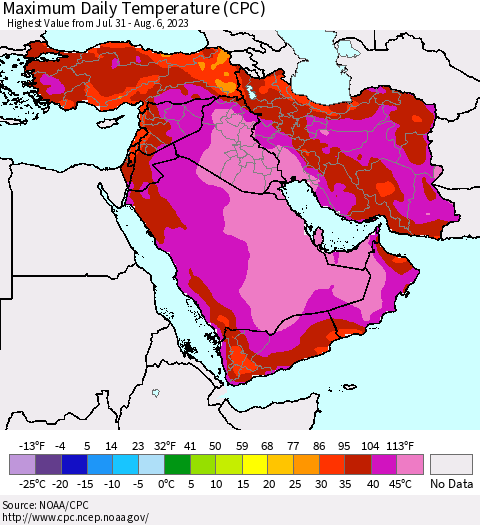 Middle East and Turkey Maximum Daily Temperature (CPC) Thematic Map For 7/31/2023 - 8/6/2023