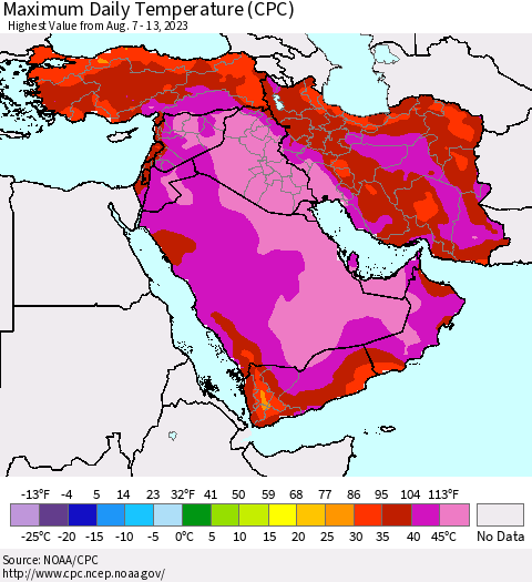Middle East and Turkey Maximum Daily Temperature (CPC) Thematic Map For 8/7/2023 - 8/13/2023