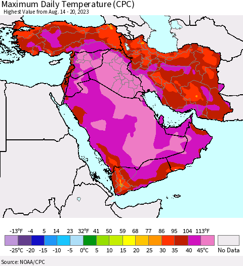 Middle East and Turkey Maximum Daily Temperature (CPC) Thematic Map For 8/14/2023 - 8/20/2023