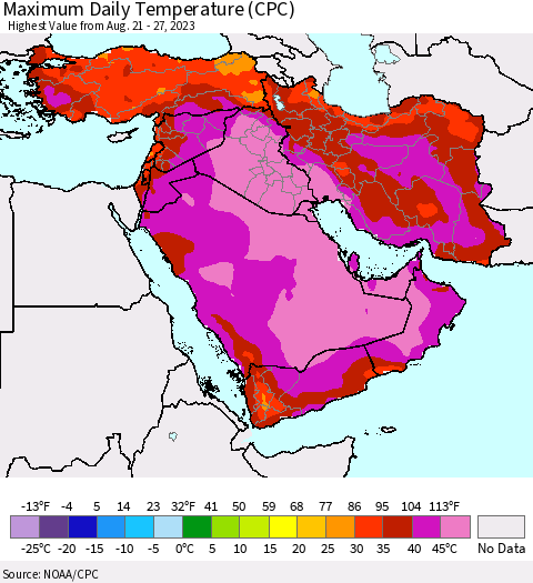 Middle East and Turkey Maximum Daily Temperature (CPC) Thematic Map For 8/21/2023 - 8/27/2023
