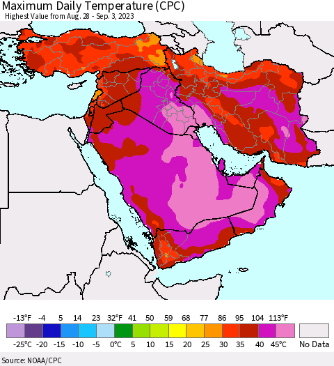Middle East and Turkey Maximum Daily Temperature (CPC) Thematic Map For 8/28/2023 - 9/3/2023