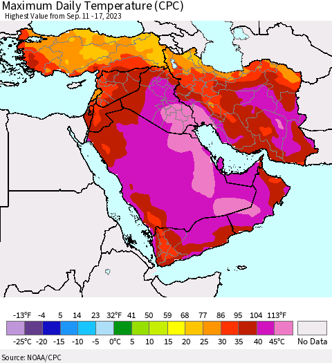 Middle East and Turkey Maximum Daily Temperature (CPC) Thematic Map For 9/11/2023 - 9/17/2023
