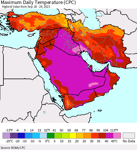 Middle East and Turkey Maximum Daily Temperature (CPC) Thematic Map For 9/18/2023 - 9/24/2023
