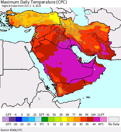 Middle East and Turkey Maximum Daily Temperature (CPC) Thematic Map For 10/2/2023 - 10/8/2023