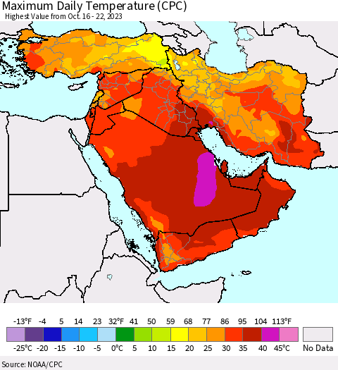 Middle East and Turkey Maximum Daily Temperature (CPC) Thematic Map For 10/16/2023 - 10/22/2023