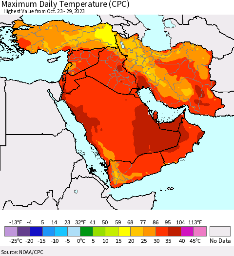 Middle East and Turkey Maximum Daily Temperature (CPC) Thematic Map For 10/23/2023 - 10/29/2023