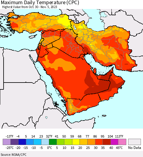 Middle East and Turkey Maximum Daily Temperature (CPC) Thematic Map For 10/30/2023 - 11/5/2023